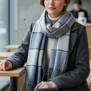 Super Soft & Cozy Double sided Plaid & Checked Pattern Blue Toned Long Scarf NEW